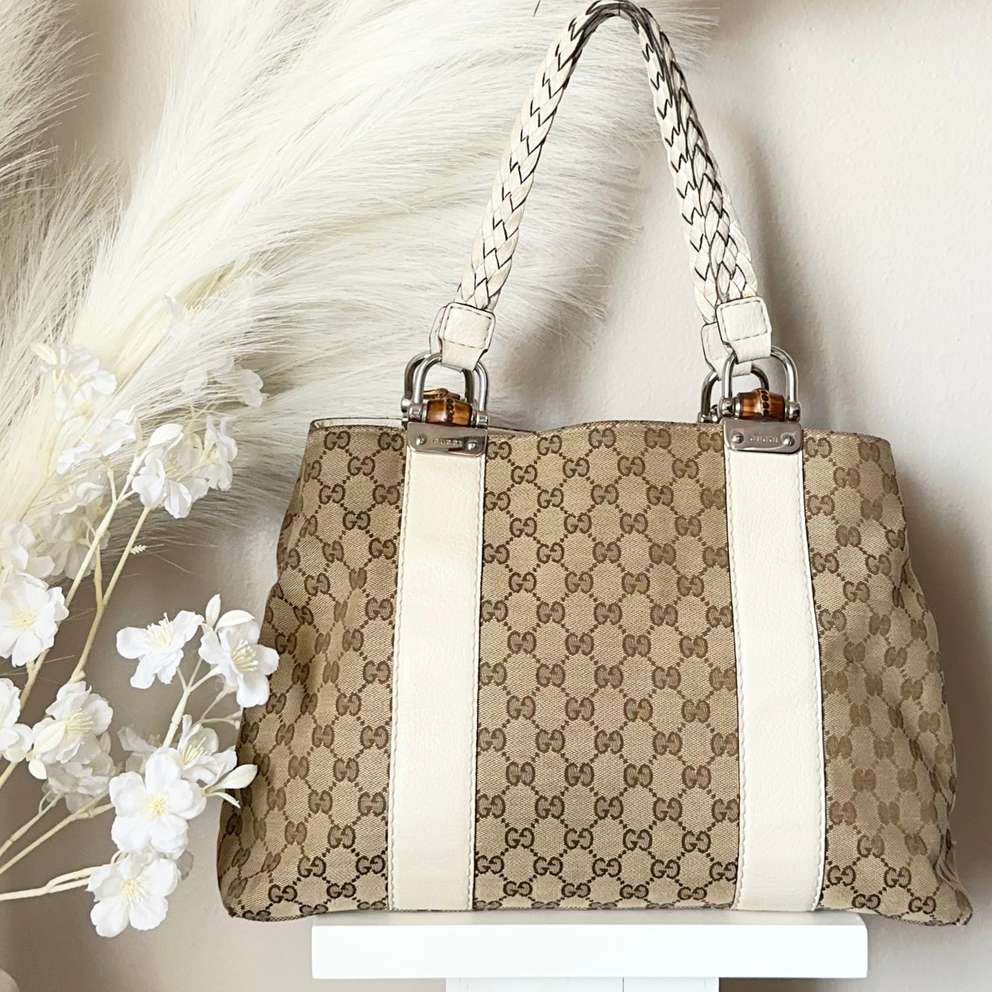 Authentic GUCC Canvas Large Bamboo Tote