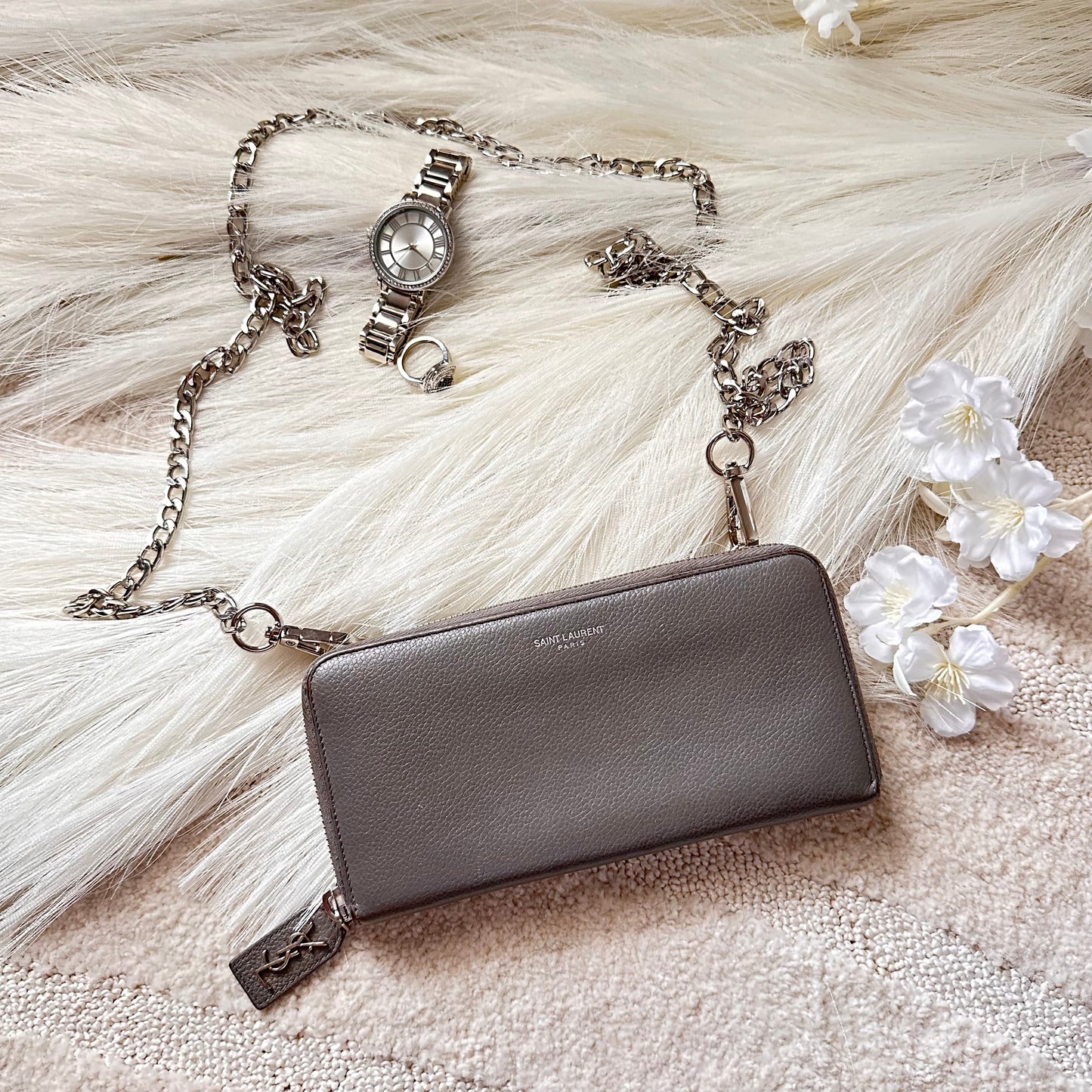Authentic YSL Gray Rive Gauche Zipper Wallet