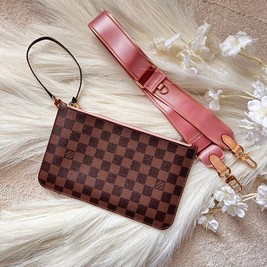 Authentic Louis Vuitton 2018 Damier Ebene Rose Ballerine Neverfull MM Wristlet Crossbody