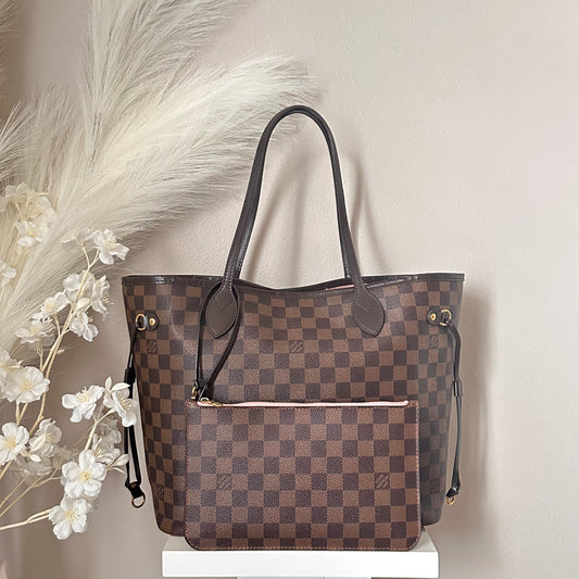 Authentic Louis Vuitton 2018 Damier Ebene Neverfull Rose Ballerine MM + Wristlet